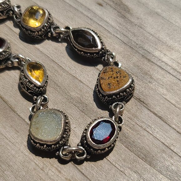 Handmade Sterling Silver Toggle Bracelet with Multi Gemstones and Ornate Detail - Picture 5 of 12